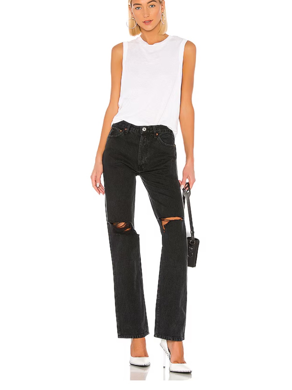 Re/Done Originals High Rise Loose Jeans in Washed Black With Rips